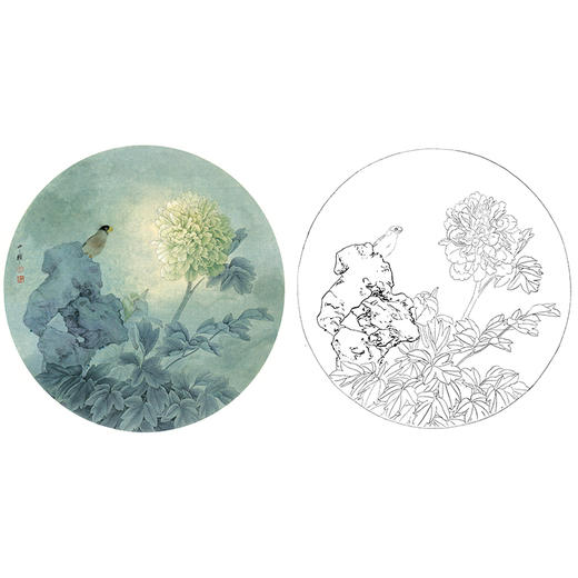 工笔花鸟白描底稿-周中耀-牡丹小品《堪比绿魁》-多种白描尺寸可选-ZY08 商品图0