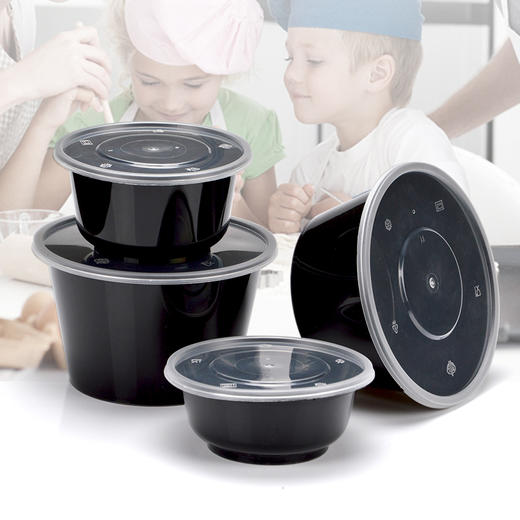 喇叭花打包盒一次性圆形塑料餐盒外卖碗黑色饭盒餐盒带盖50套 商品图2