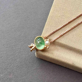 处女座，高冰种飘绿花翡翠蛋面星座系列18k玫瑰金钻石镶嵌