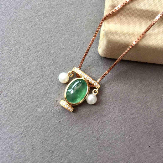 天秤座，高冰种飘绿花翡翠蛋面星座系列18k玫瑰金钻石镶嵌 商品图0