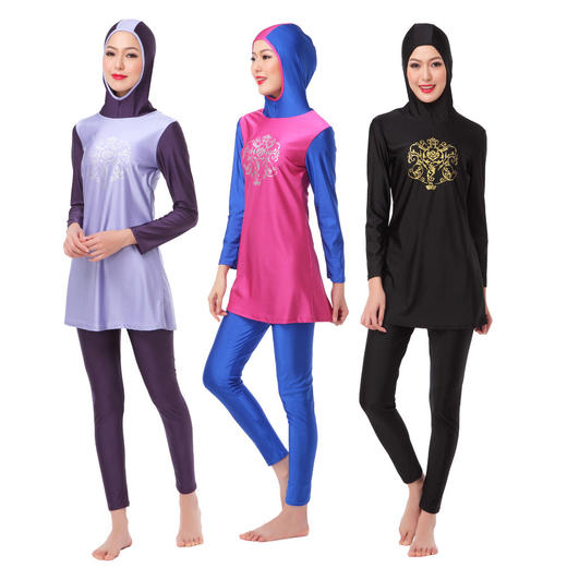 印花两件套：衣帽连体+泳裤 | 穆斯林女士游泳衣 | HW10H | 商品图0