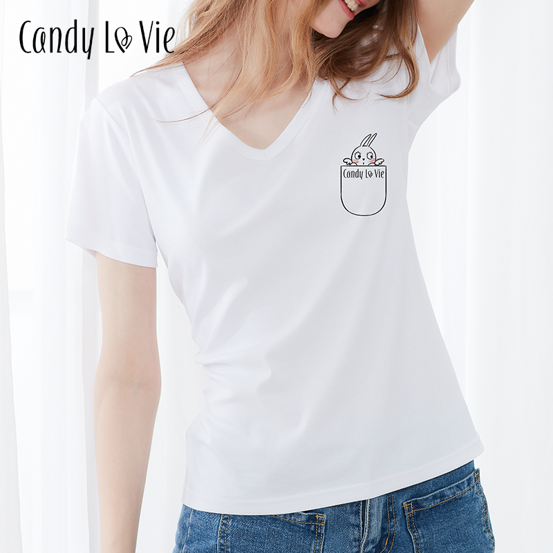 奶糖派大胸专属修身纯棉白T恤  Candy la vie