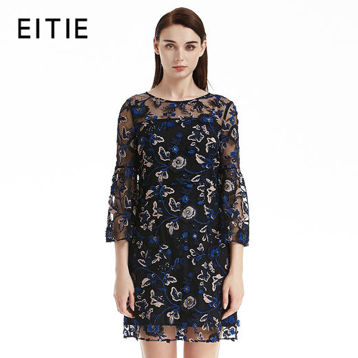 EITIE爱特爱商场同款春夏季新款唯美浪漫绣花透视喇叭袖连衣裙5577212 商品图0