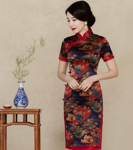 h8786新品真丝旗袍连衣裙修身古典短袖桑蚕丝日常旗袍