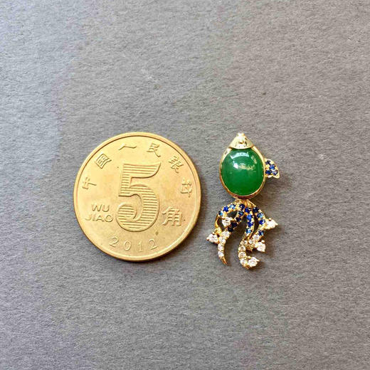 翡翠冰种阳绿蛋面金鱼金玉满堂18k黄金蓝宝石镶嵌 商品图3