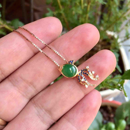 翡翠冰种阳绿蛋面金鱼金玉满堂18k黄金蓝宝石镶嵌 商品图7