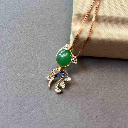 翡翠冰种阳绿蛋面金鱼金玉满堂18k黄金蓝宝石镶嵌 商品图1