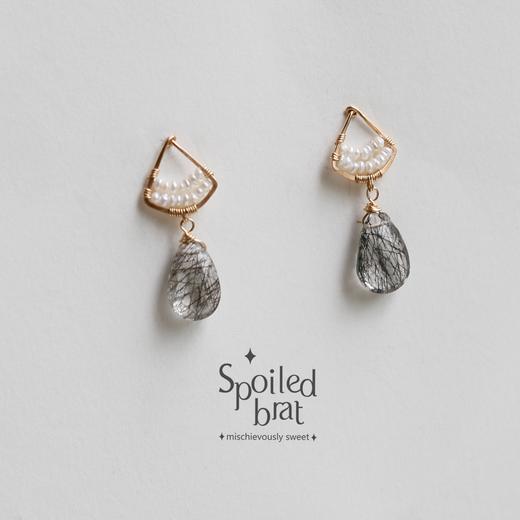 SpoiledBart Jewelry 14K注金  天然发晶 珍珠  小扇形 百搭 气质耳钉 商品图2