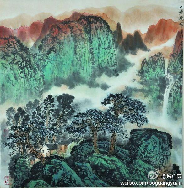 徐建明青绿山水《山居晓晖(四尺对开)