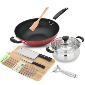美厨（maxcook）锅具套装 炒锅汤锅砧板菜刀水果刀筷子木铲削皮刀厨具组合8件套