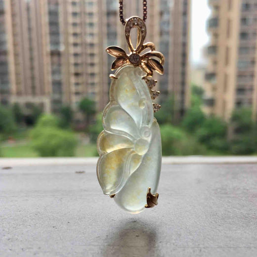 翡翠高冰种黄翡蝶恋花18k黄金钻石镶嵌 商品图7