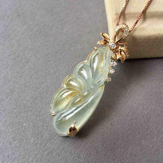 翡翠高冰种黄翡蝶恋花18k黄金钻石镶嵌 商品图2