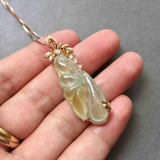 翡翠高冰种黄翡蝶恋花18k黄金钻石镶嵌 商品图3
