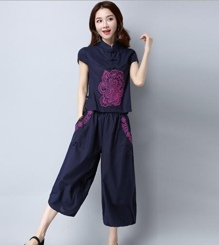 f e8507 民族风棉麻刺绣休闲套装