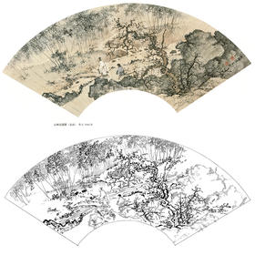 白描底稿-工笔扇面小品山水人物陈少梅-《山林过溪图》-多种白描尺寸可选-TS08