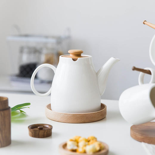 摩登主妇日式木盖系列陶瓷茶具家用茶壶茶杯杯架奶罐糖罐茶具套装1 商品图0
