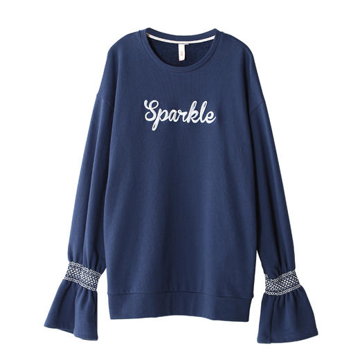 初语圆领宽松字母刺绣长袖喇叭袖中长款卫衣女8740521015