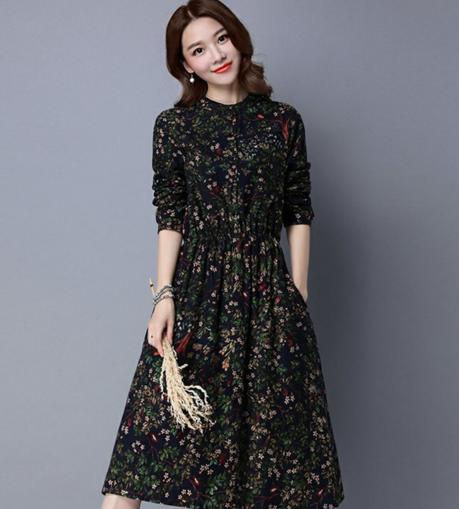 CQ XLSZ8858  新款森女长袖印花中长款连衣裙 商品图1