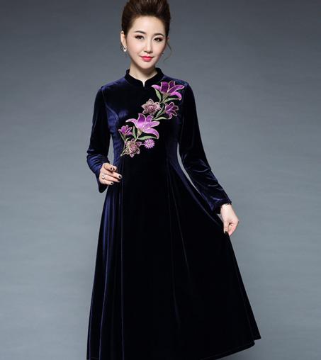 DY 4146 秋冬新款加厚花朵刺绣立领修身大摆连衣裙 商品图2