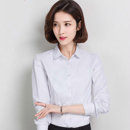 白衬衫女长袖职业打底圆领修身工作服正装大码衬衣女装ol