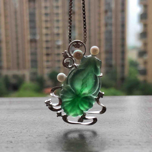 翡翠高冰种晴水绿金玉满堂金鱼18k白金钻石珍珠镶嵌 商品图7