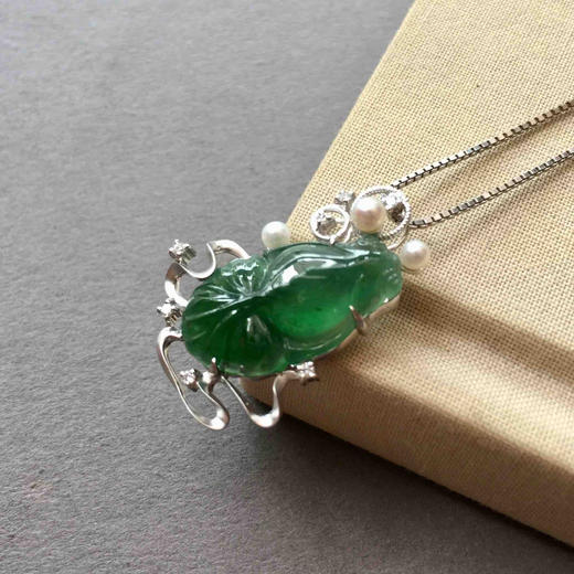 翡翠高冰种晴水绿金玉满堂金鱼18k白金钻石珍珠镶嵌 商品图2