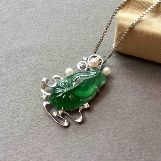翡翠高冰种晴水绿金玉满堂金鱼18k白金钻石珍珠镶嵌 商品图0