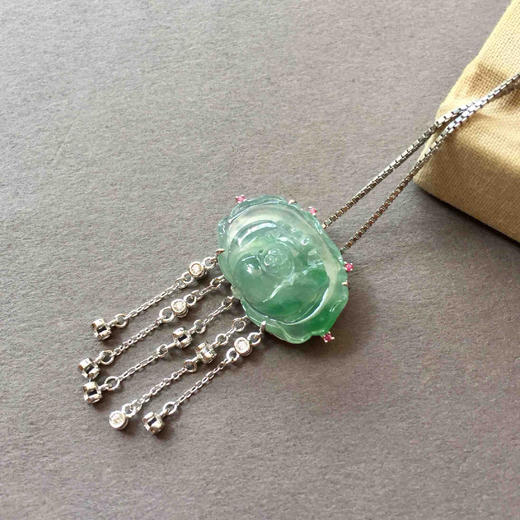 翡翠冰种飘阳绿花开富贵18k白金钻石镶嵌 商品图0