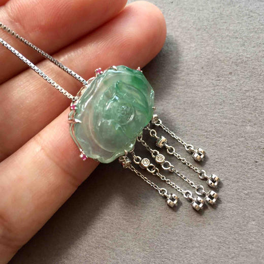 翡翠冰种飘阳绿花开富贵18k白金钻石镶嵌 商品图6