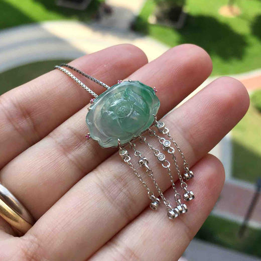 翡翠冰种飘阳绿花开富贵18k白金钻石镶嵌 商品图7