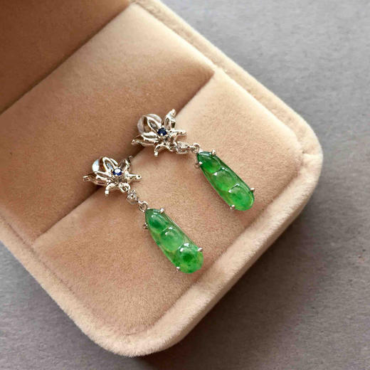 翡翠冰种飘阳绿福豆耳坠18k白金镶嵌 商品图3
