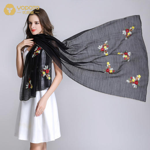 优品堂“麦香清悠”真丝与羊毛披肩围巾两用刺绣桑蚕丝 商品图2