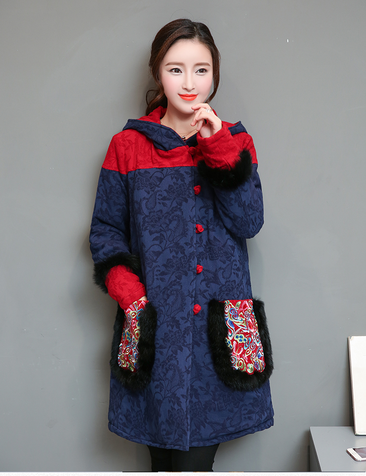 fjl3013民族风棉袄女中长款棉麻加厚毛边刺绣