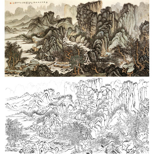 刘彦水白描底稿-横幅工笔山水-《春到太行山水绿》-多种白描尺寸可选-LQ24 商品图0