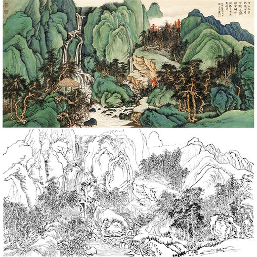 刘彦水白描底稿横幅工笔山水石瀑图多种白描尺寸可选lq23