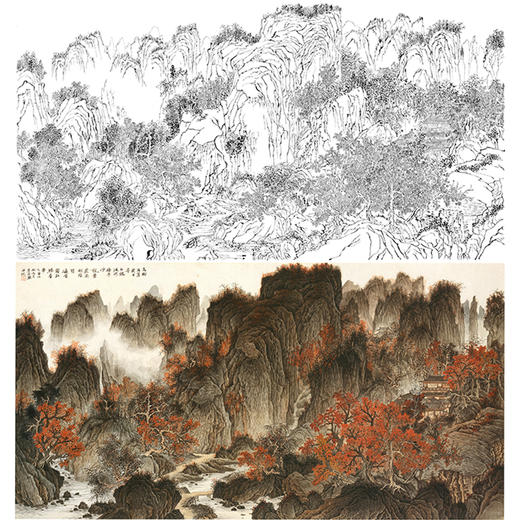 横幅四尺六尺工笔山水白描底稿-刘彦水《遍看霜红腾春华》-多种白描尺寸可选-LQ21 商品图0