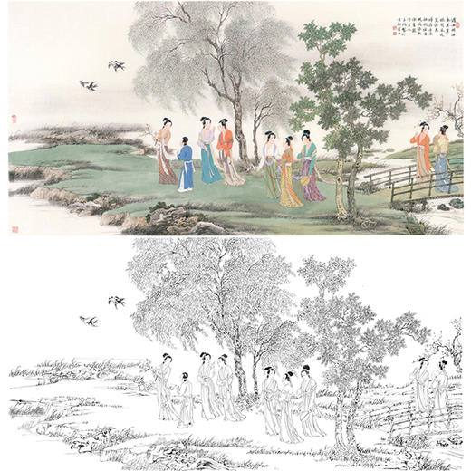 白描底稿-横幅工笔山水传统仕女人物李子牧-LQ25 商品图0