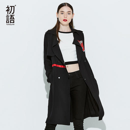 初语 女装风衣女中长款长袖显瘦印花外套9610626008 - 初语旗舰店