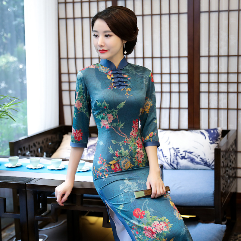 za忆江南原创宽边七分袖双层长款旗袍