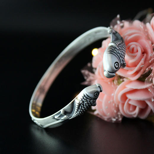 silver | s999足银复古工艺 双鱼嬉戏 鲤鱼开口手镯
