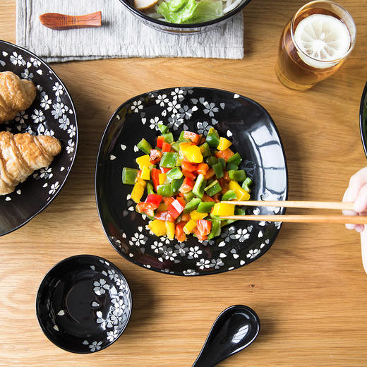 摩登主妇日式黑色樱花陶瓷餐具米饭碗汤碗创意菜盘家用西餐盘盘子1 商品图2