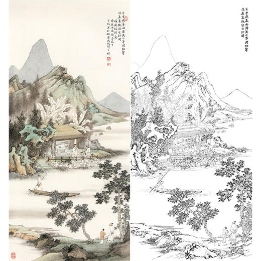 白描底稿竖幅工笔山水人物李子牧lq48