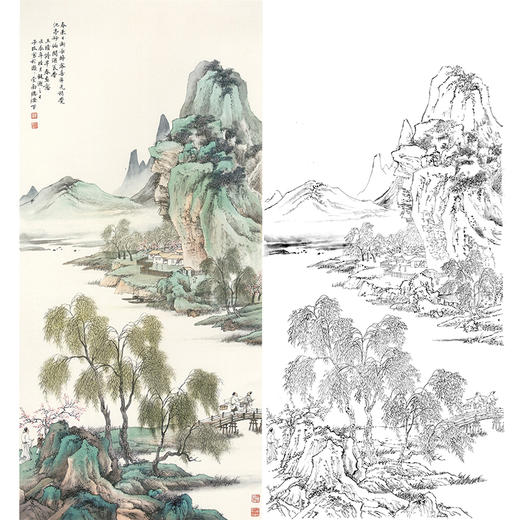 白描底稿竖幅工笔山水人物李子牧lq47