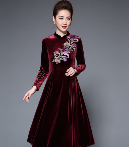 DY 4146 秋冬新款加厚花朵刺绣立领修身大摆连衣裙