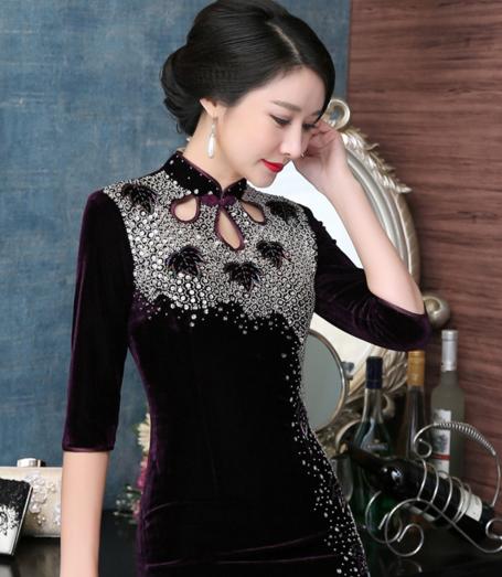 gy0012经典款复古旗袍旗袍金丝绒钉珠