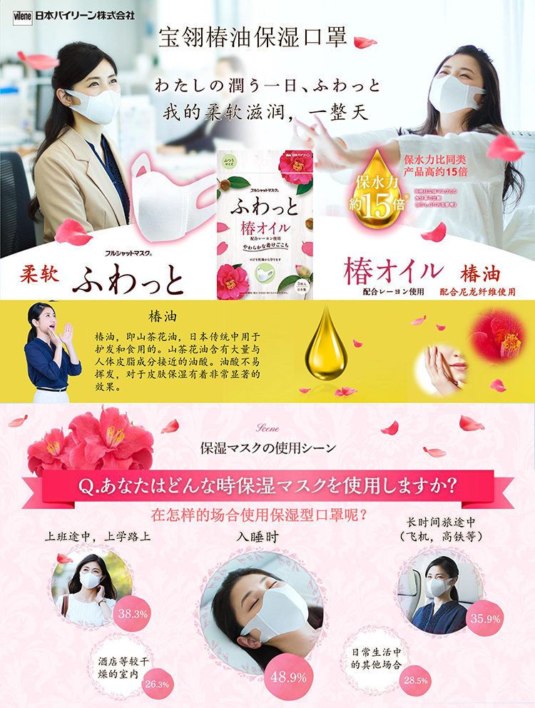 5】日本vilene宝翎椿油立体成人花香透气口罩 5枚入 99%防花粉防尘