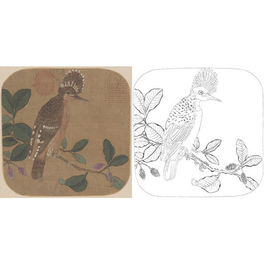 宋画花鸟白描底稿赵佶戴胜图斗方小品册页gh16