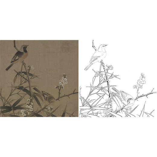 宋画花鸟小品白描底稿-佚名-梅竹双鹊图-gh40
