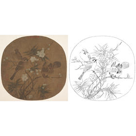宋画花鸟小品白描底稿-佚名-《梅竹戏雀图》-多种白描尺寸可选-GH28