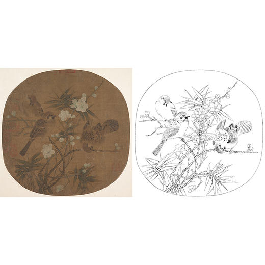 宋画花鸟小品白描底稿-佚名-《梅竹戏雀图》-多种白描尺寸可选-GH28 商品图0